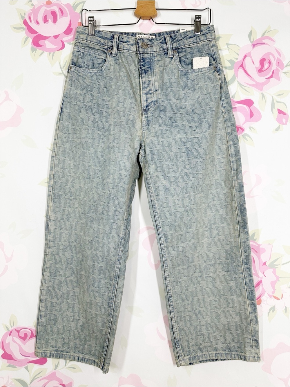 NEW Free People We The Free Deep Trance Jacquard Letter Boyfriend Denim Jeans 27